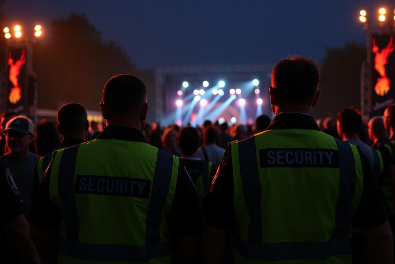 Agents de sécurité encadrant le public lors d'un concert en soirée