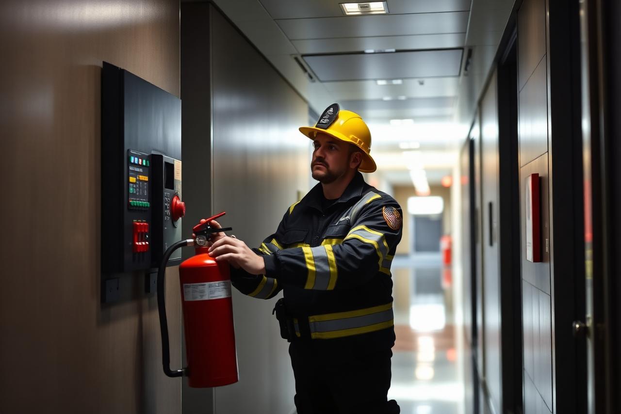 Agent de sécurité incendie contrôlant un tableau d'alarme et un extincteur