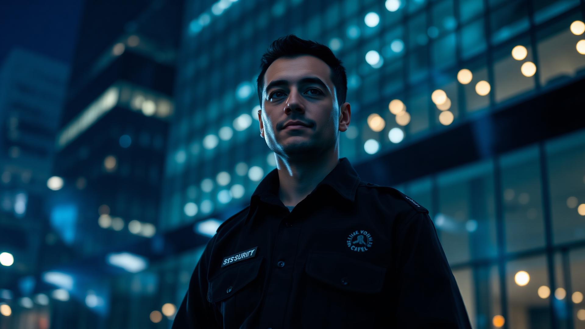 Agent de sécurité Eden France Sécurité en poste de nuit devant un immeuble d'entreprise à Toulouse