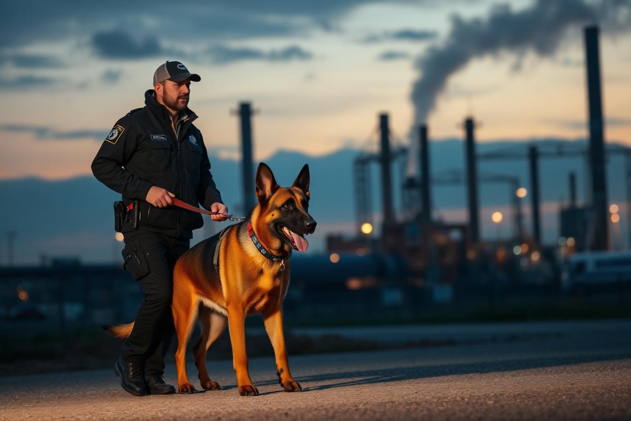 Maître-chien et son berger allemand en patrouille sur un site industriel au crépuscule